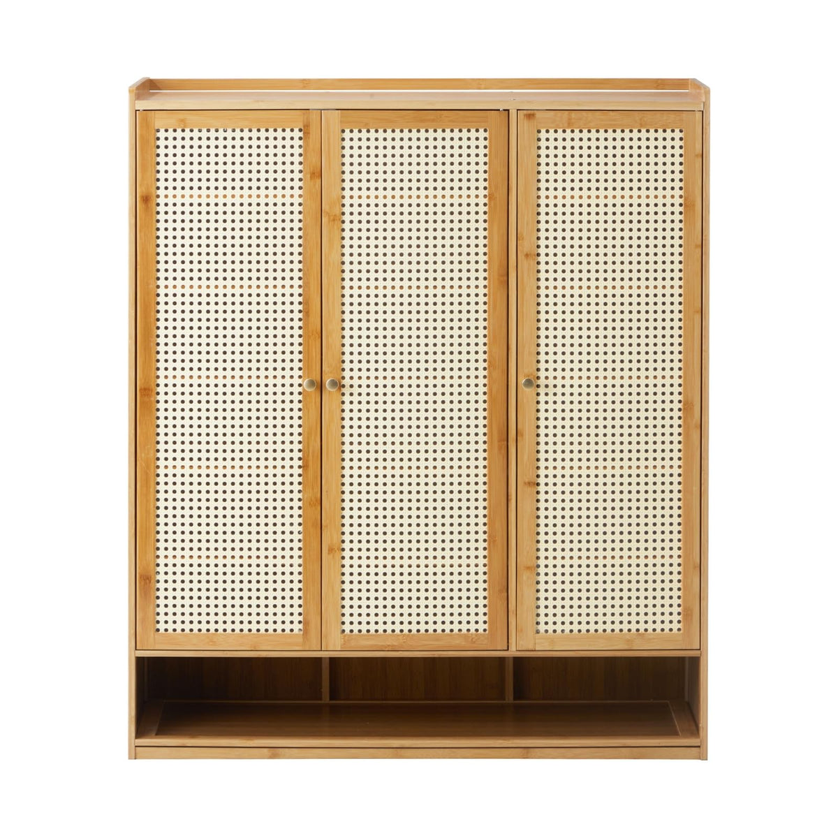 7-Tier Shoe Cabinet with 3 Rattan-Style Doors & Open Lower Shelf