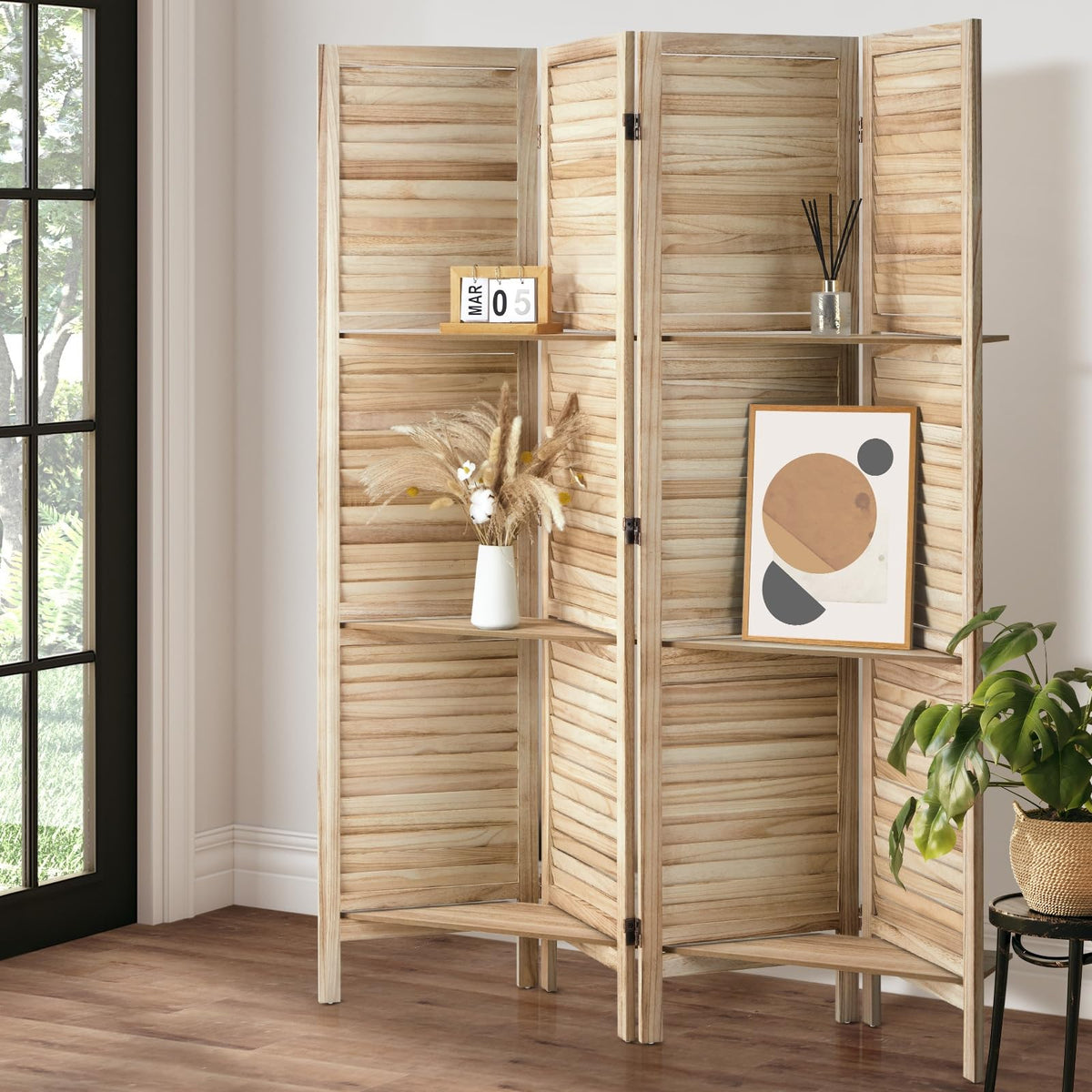 Oikiture Natural Paulownia-Wood 4-Panel Room Divider
