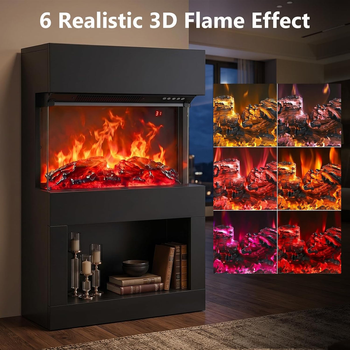 2000W Electric Fireplace Heater with Mantel, Powerful Space Heaters with 6-Color LED Flame, 2 Heating Levels, 12H Timer, Lower Storage, Overheat Protection for Indoor Use, Black