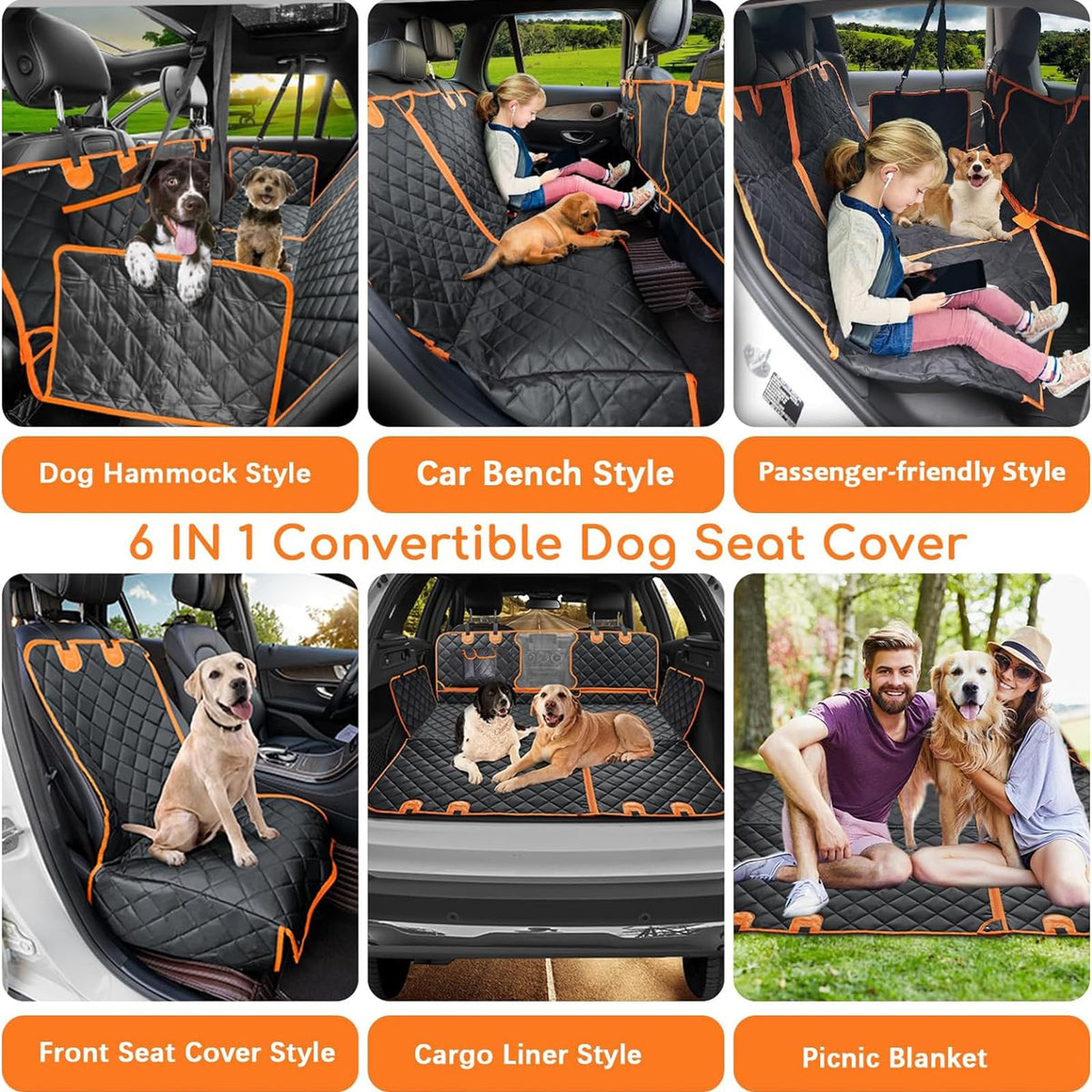 6-in-1 Orange Split Dog Car-Seat Hammock with Mesh Window
