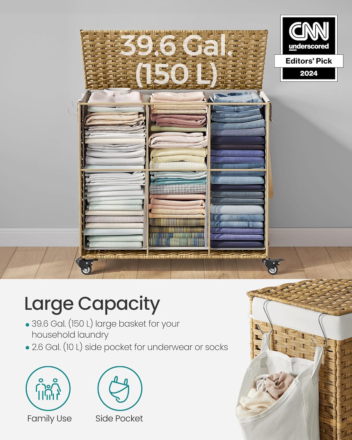 160 L Rolling 3-Section Laundry Hamper with Lid