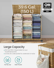 160 L Rolling 3-Section Laundry Hamper with Lid