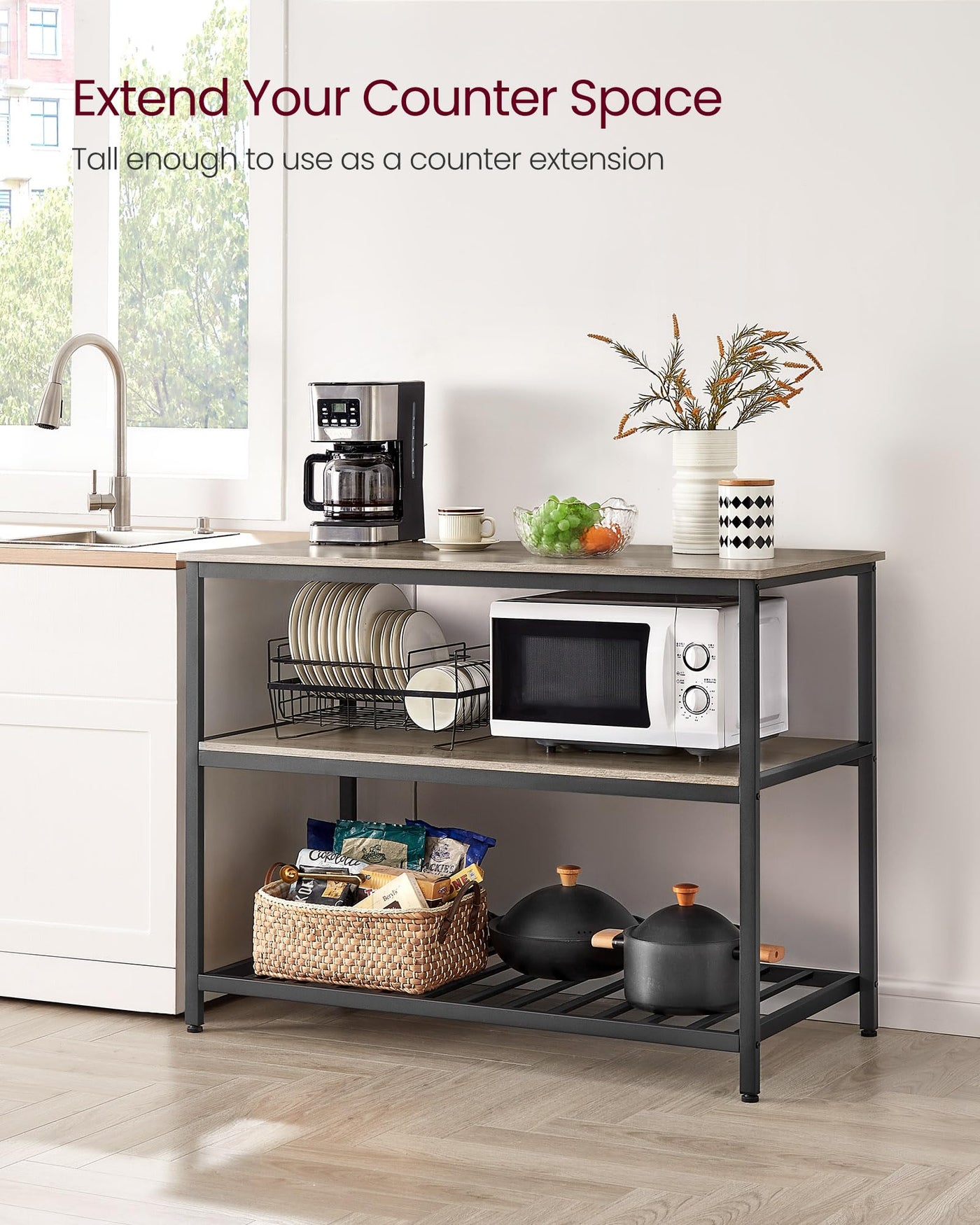 120 cm Kitchen Island with 3 Shelves – Greige & Black