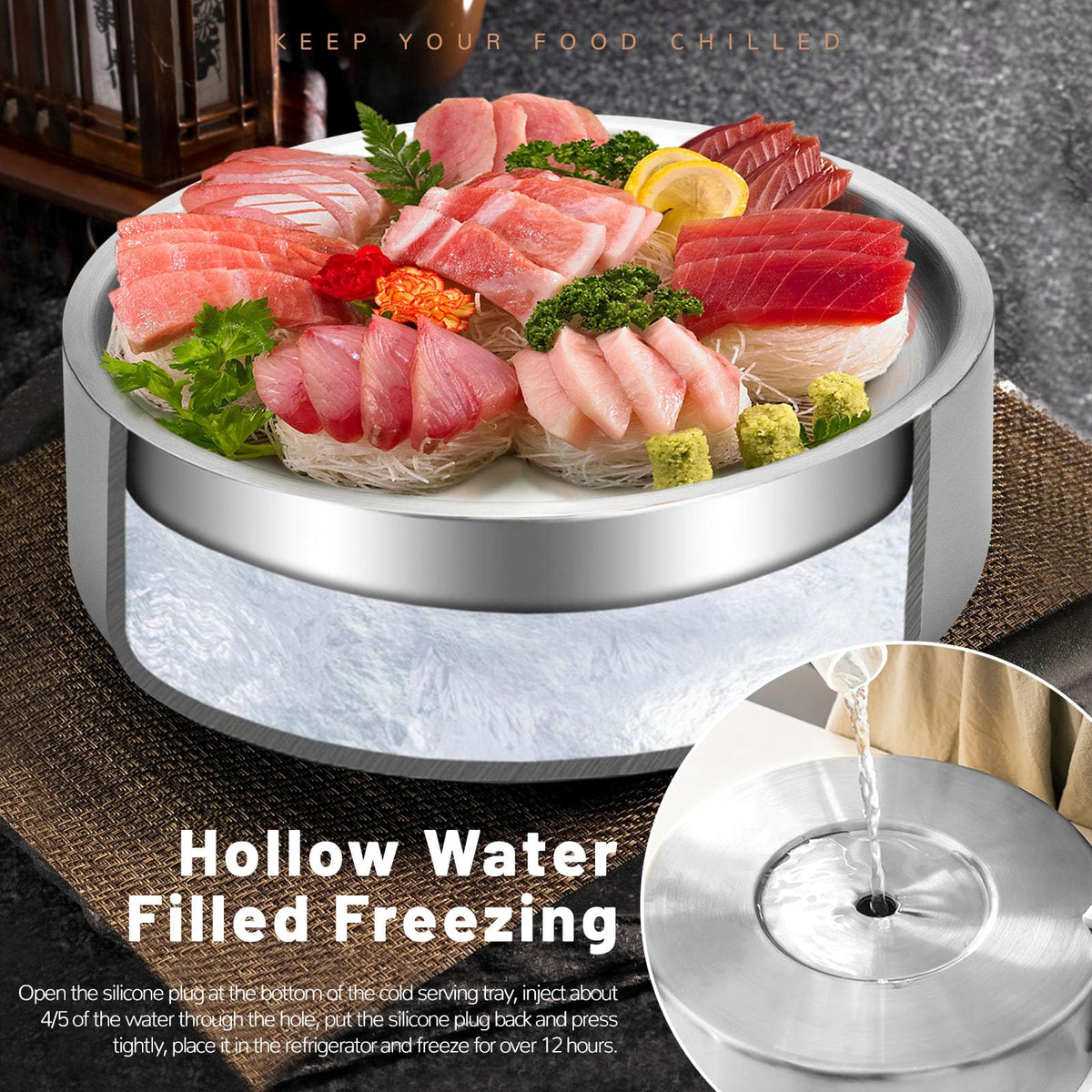 Stainless-Steel Chilled Serving Tray with Ice Chamber