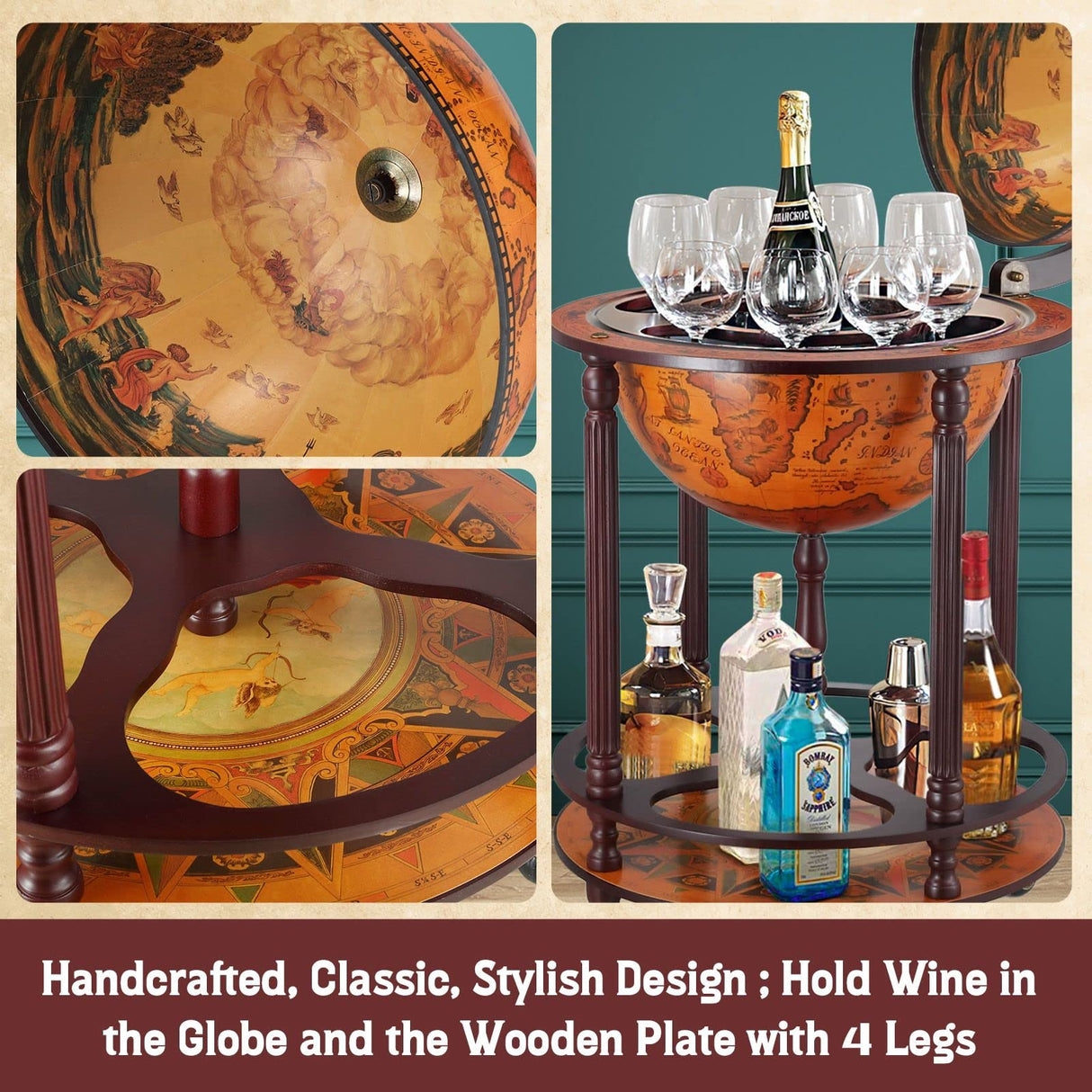Antique Globe Bar Mini Wine Stand Rack Wooden Drinks Trolley Wine Storage Liquor Cabinet Alcohol Serving Cart Mid-Century