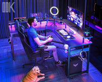 ODK L Shaped Computer Desk, Gaming Desk LED Light Strip and 2 USB 3 Charging Port, Gaming Table with Monitor Surface, Gaming Desks Workstations, Texture Black