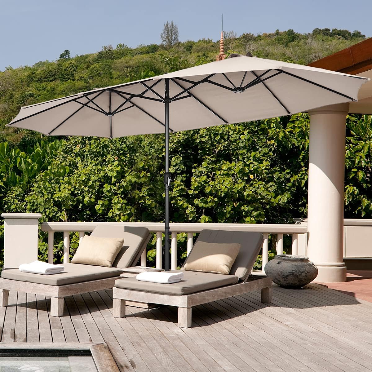 4.6 m Double-Sided Patio Umbrella with Base – Beige