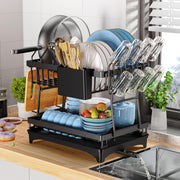 Large Black 2-Tier Dish Rack with Swivel Drain Spout