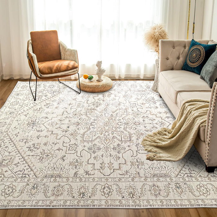 Large Grey & White Vintage-Style Washable Area Rug