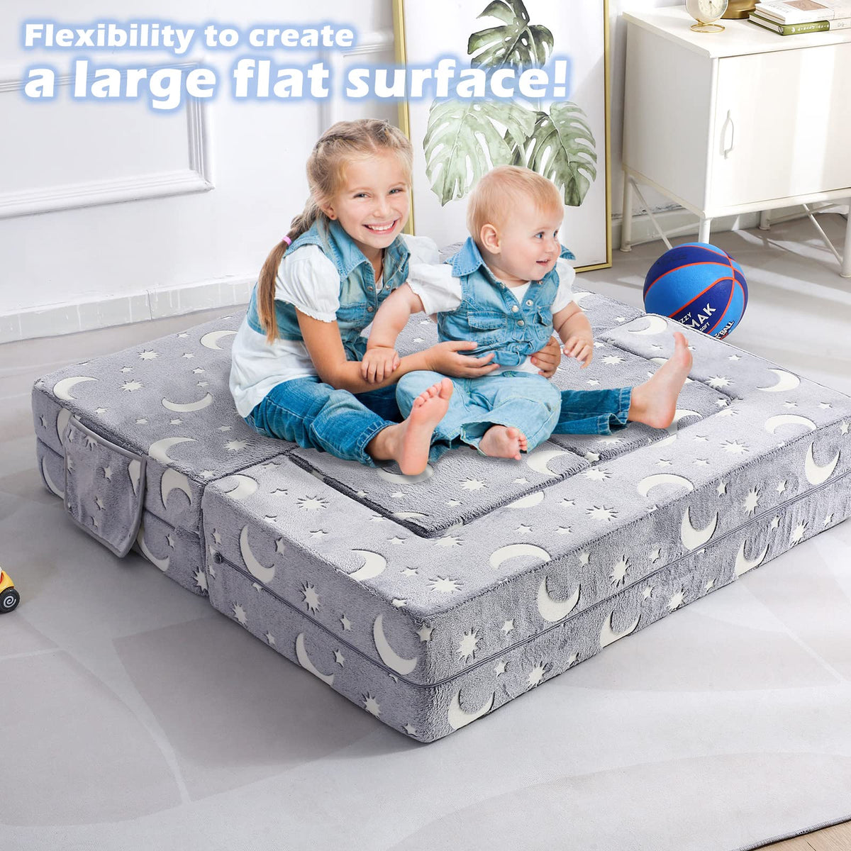 Kids Couch, Glow in The Dark Modular Kids Explore Sofa for Toddler 3 in 1 Fold Out Kids Toddler Sofa, Convertible Plush Toddler Couch with Washable and Durable Covers