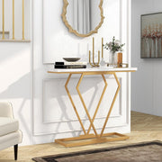 Modern Console Table, Faux Marble Narrow Entryway Table with Diamond Shape Geometric Frame, 100 cm Modern Accent Table with Anti-Tipping Device for Living Room Hallway Entrance, White & Gold