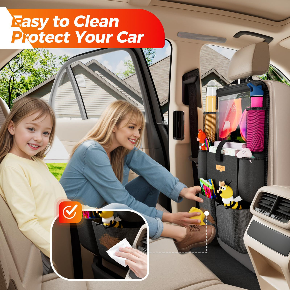 2-Pack Black Car-Seat Organisers with 11-Inch Tablet Holders