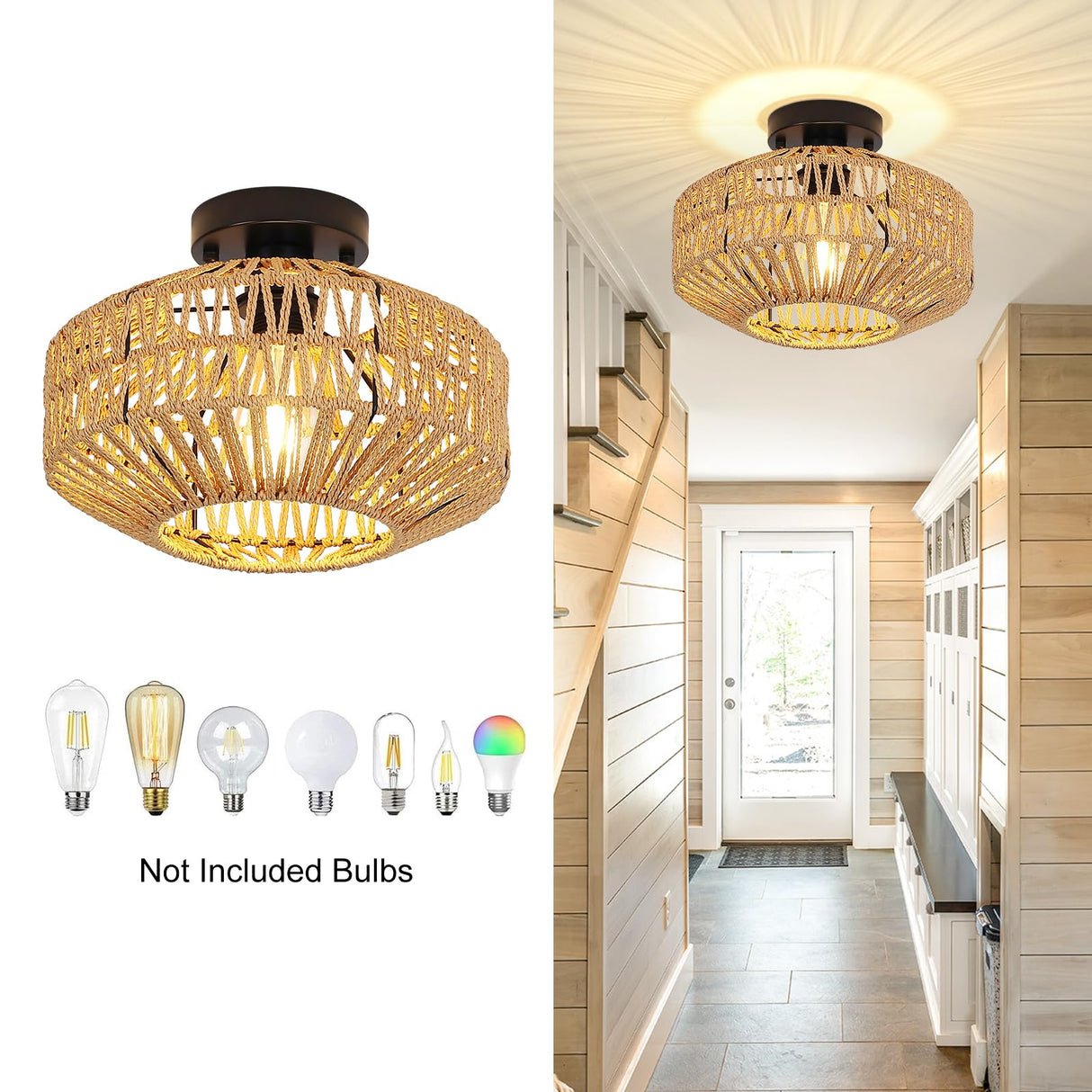 Rattan Ceiling Light Chandelier Lighting Hand Woven Ceiling Lamp Flush Mount Ceiling Lights Vintage Lighting Fixtures E27 Farmhouse Pendant Lights Kitchen Dining Room Bedroom Hallway 1 Pack