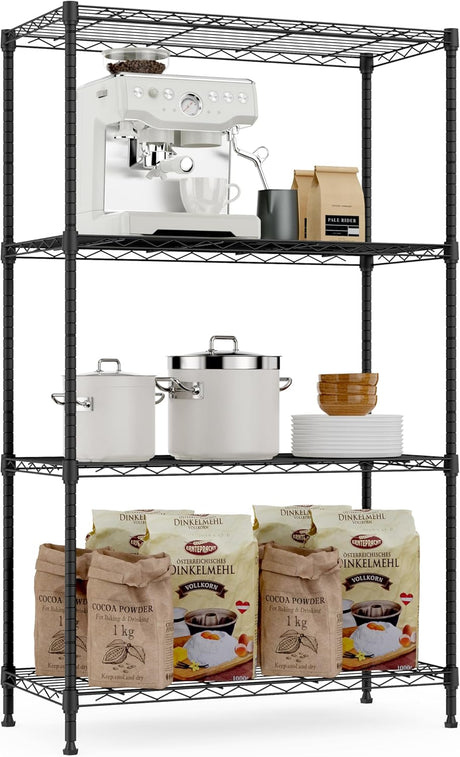 MZG 454kg Capacity Heavy Duty 4-Tier Metal Storage Shelving Unit, Adjustable Steel Wire Rack Organizer for Home, Kitchen, or Office (Chrome, 35L x 75W x 120H cm)