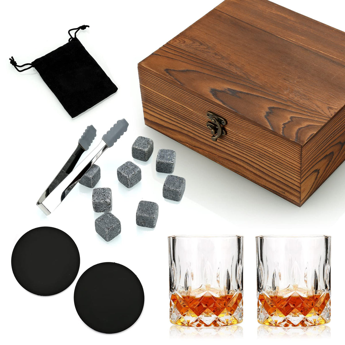 Whisky Gift Set with 2 Glasses, 8 Stones & Wooden Box