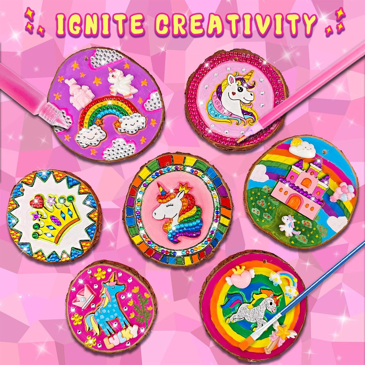 Unicorn Themed Wooden Painting Kit-Glow in The Dark-Arts & Crafts Gifts for Kids Girls Ages 5-12-Wood Slice Craft Activities Kits -Unicorn Art Toys for Kids Christmas Gifts