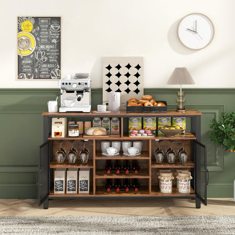 Wine Bar Cabinet, 55-Inch Buffet Sideboard with Wine Racks & Wine Glass Holders, Coffee Station Cabinet with Metal Mesh Doors, for Kitchen, Dining Room (Rustic Brown + Black)
