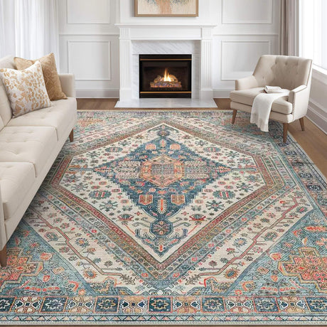 Soft Area Rugs Faux Cashmere Vintage Carpet, Non-Slip Machine Washable Low Piles Modern Boho Persian Rugs Abstract Floor Mat for Bedroom/Living Room/Playroom/Office Indoor Decor (Color 5, 120x160cm)