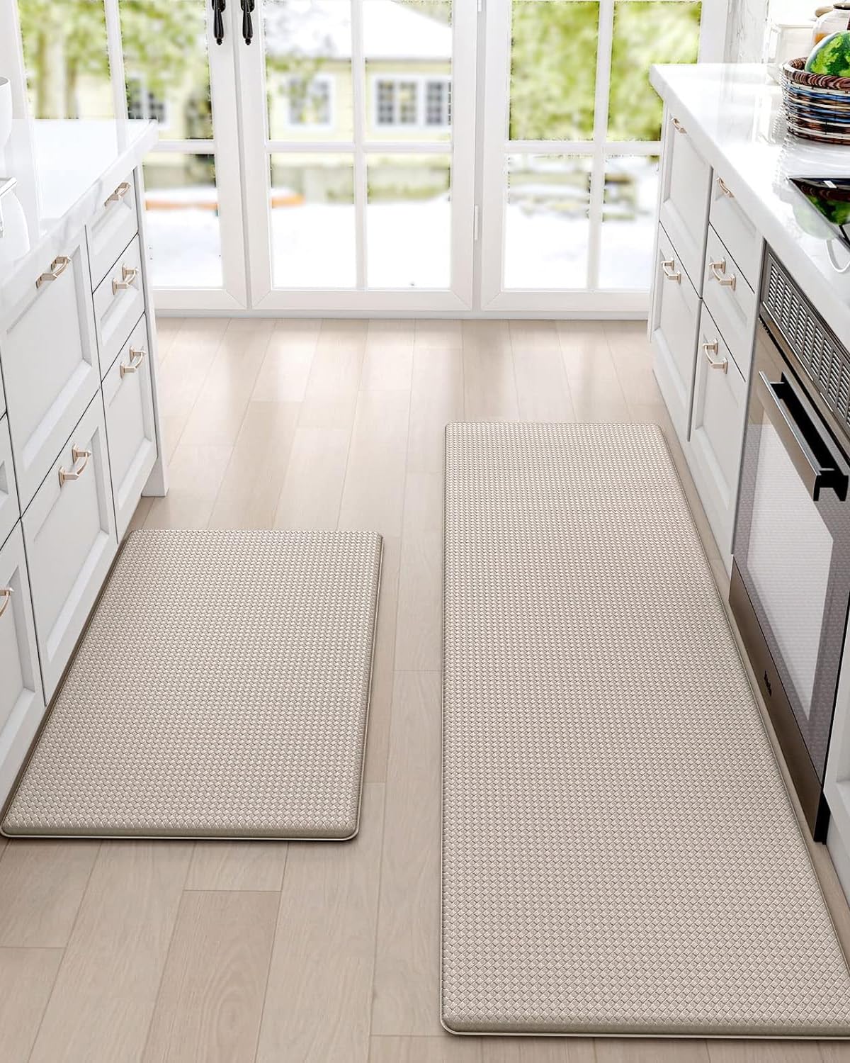 2-Piece Beige & White Cushioned Kitchen Mat Set – 43 × 74 & 43 × 150 cm