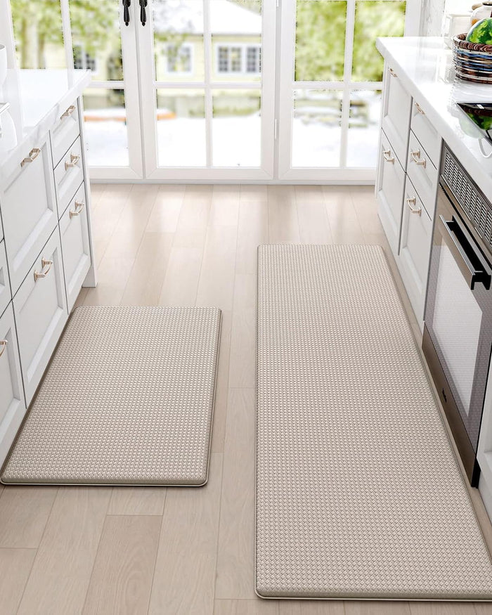 2-Piece Beige & White Cushioned Kitchen Mat Set – 43 × 74 & 43 × 150 cm