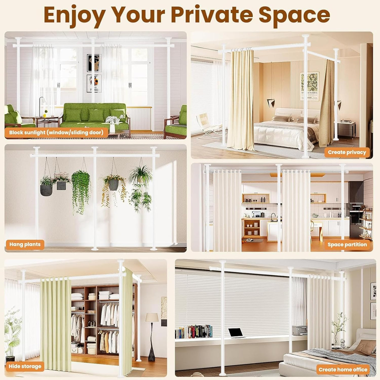 Room Divider Curtain Rod, No Drill Wall Divider for Room Separation122-305cm(H) /154-354cm(W) Adjustable Tension Rod, Heavy Duty Tension Curtain Rods for Bedroom, Living Room Or Studio