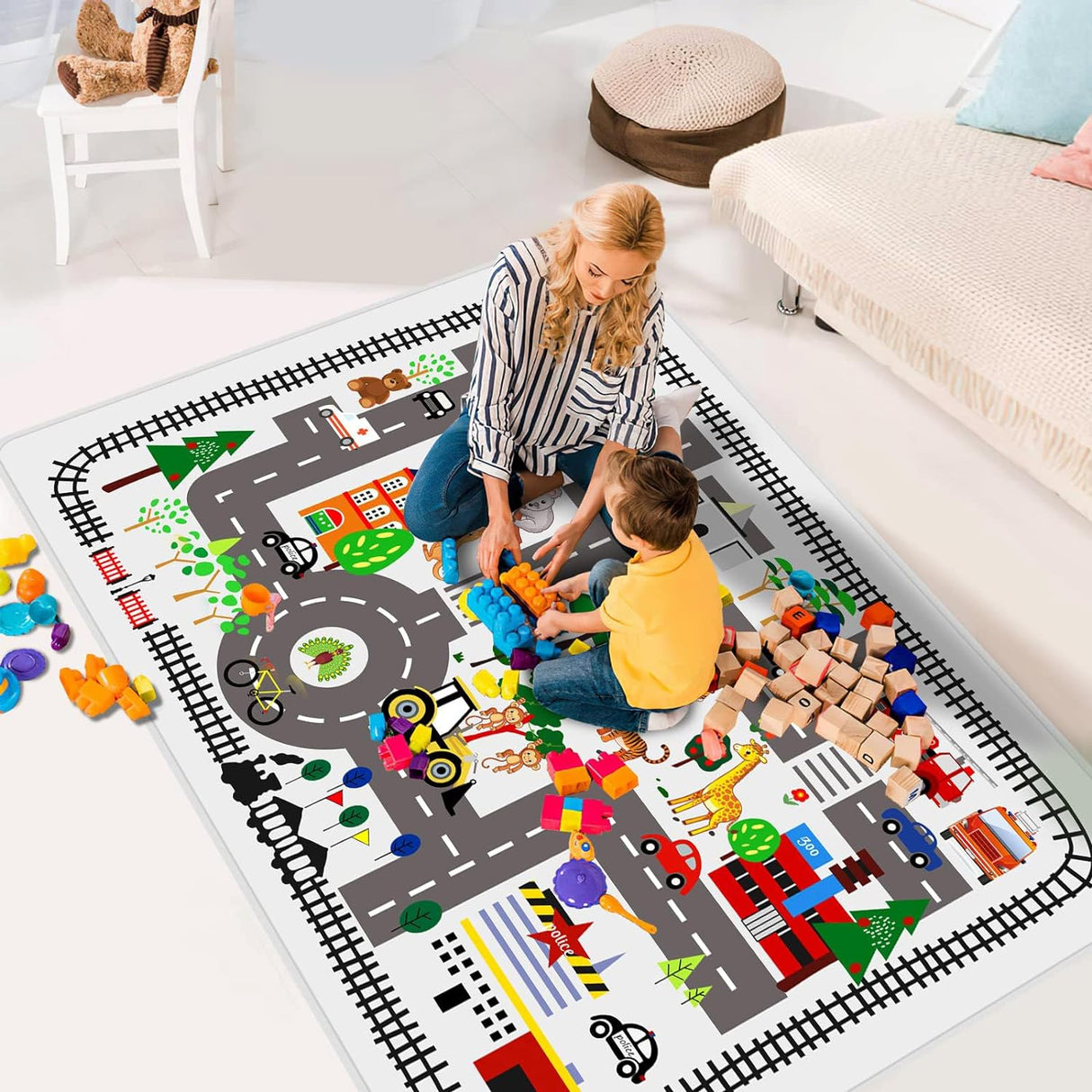 Play Mat Kids Rug Carpet Playmat Extra Large Learn Have Fun Safe Road Traffic System Multi Color Study Activity Centerpiece Play Mat for Playing with Cars for Bedroom Playroom