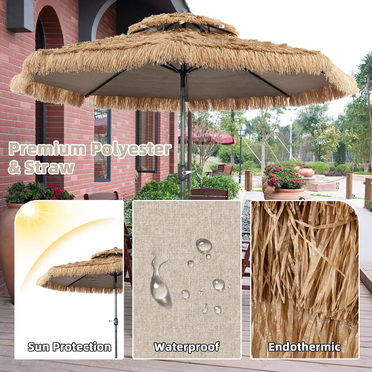 2.7–3 m Thatched Tiki Patio Umbrella with Tilt & Crank