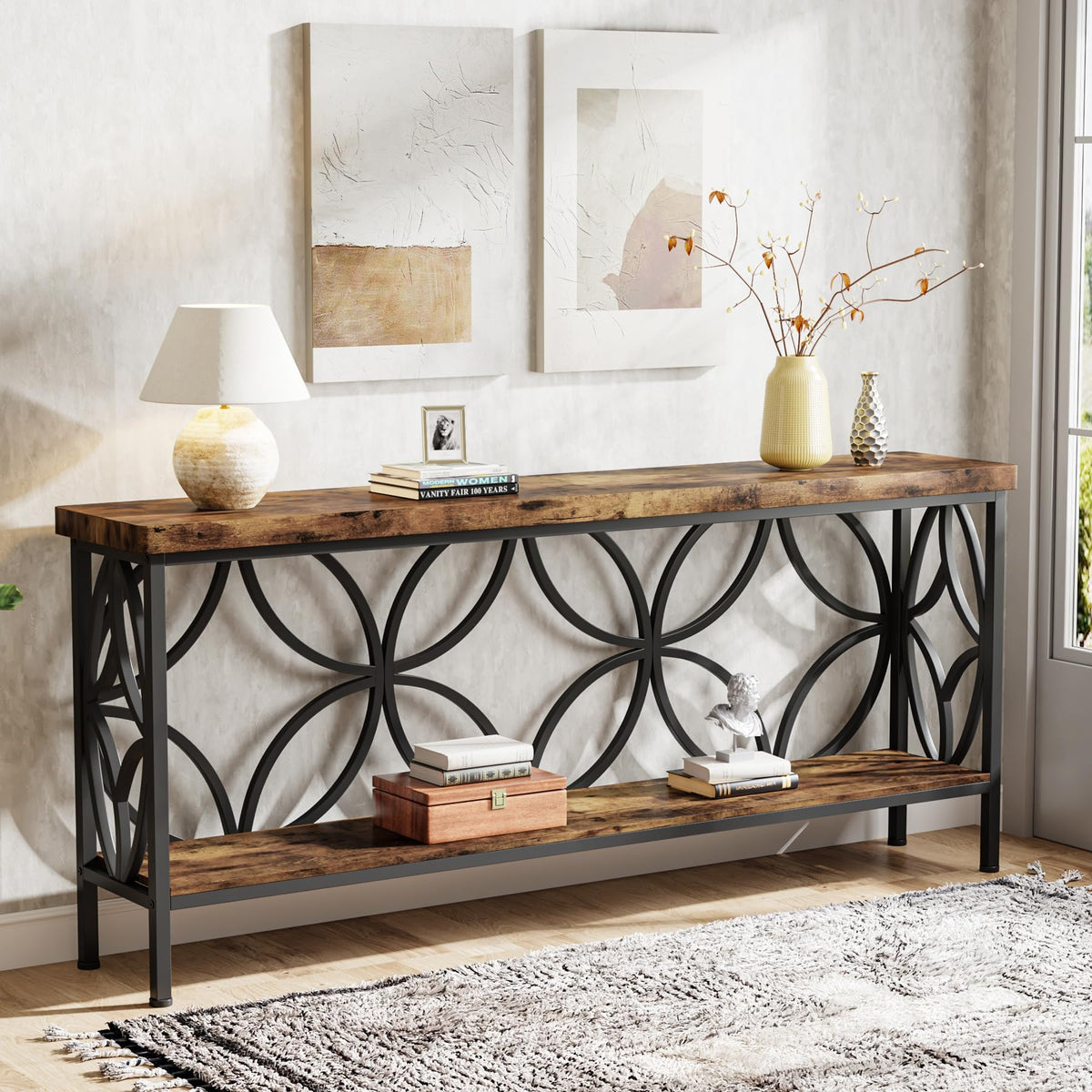 Narrow Sofa Table, Industrial Long Sofa Table Behind Couch, Entry Console Table with Storage for Entryway, Living Room, Foyer, Unique Design, Rustic Brown 70.9-Inch