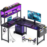 ODK L Shaped Gaming Desk with LED Lights & Power Outlet,Reversible Computer Desk with Adjustable Shelves, Corner Desk with Storage Bag & Headphone Hook for Home Office,Gaming,115 * 80 * 75.6cm,White