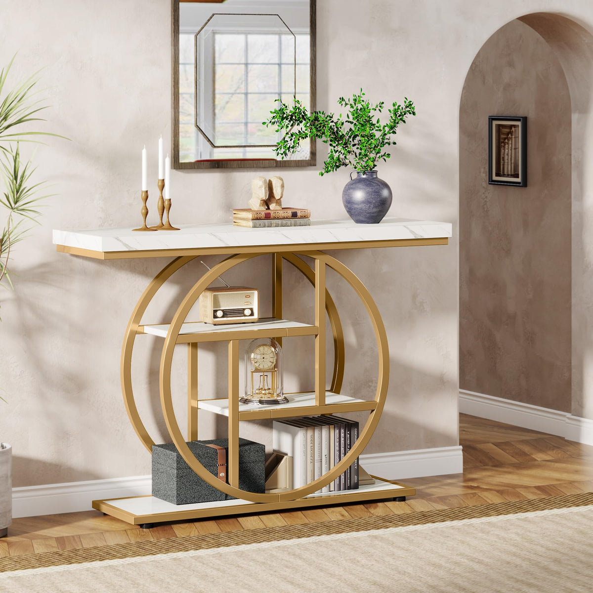 105 cm 4-Tier Industrial Console Table – White & Gold