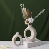Ceramic Vase Set - 2 Flower Donut Modern Vases for Home Décor, Creative White Vases Minimalism Style Decor Vase Table Vase for Living Room Entryway Bookshelf Mantel Centerpieces Shelf