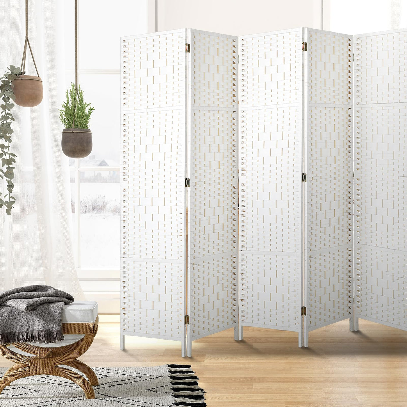 White 6-Panel Pine & Woven-Rattan Room Divider – 170cm