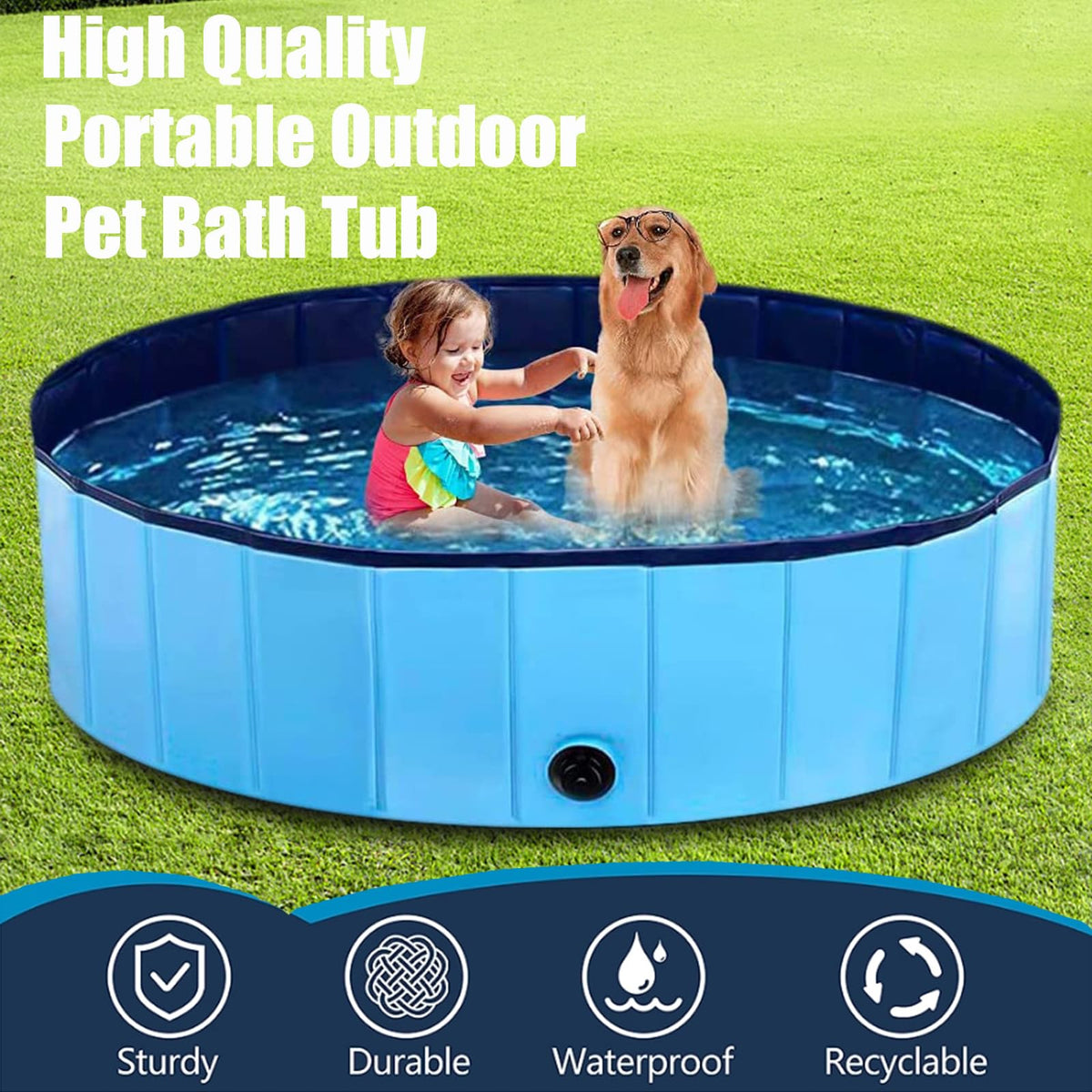 Round Foldable Dog Pool with Drain – 3 Sizes