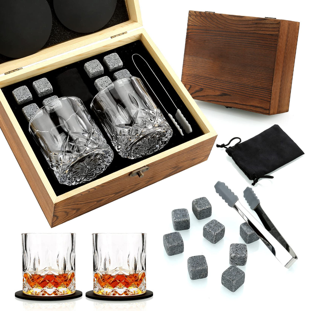 Whisky Glass Gift Set, Whisky Stones, Whisky Gift Sets for Men, 8 Whisky Stones, 2 Crystal Whisky Glasses, Wooden Box Gift, Birthday Gifts for Men, Dad, Husband, Valentine's Day/Father's Day