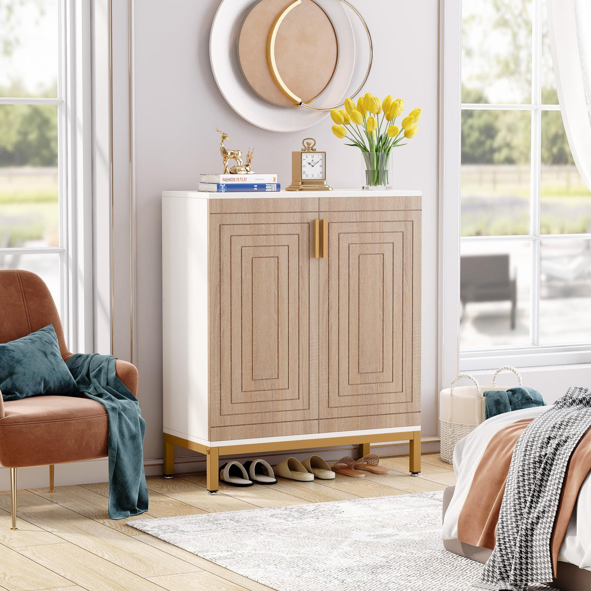 80 × 38 × 77 cm White Shoe Cabinet with 5 Shelves & 2 Doors