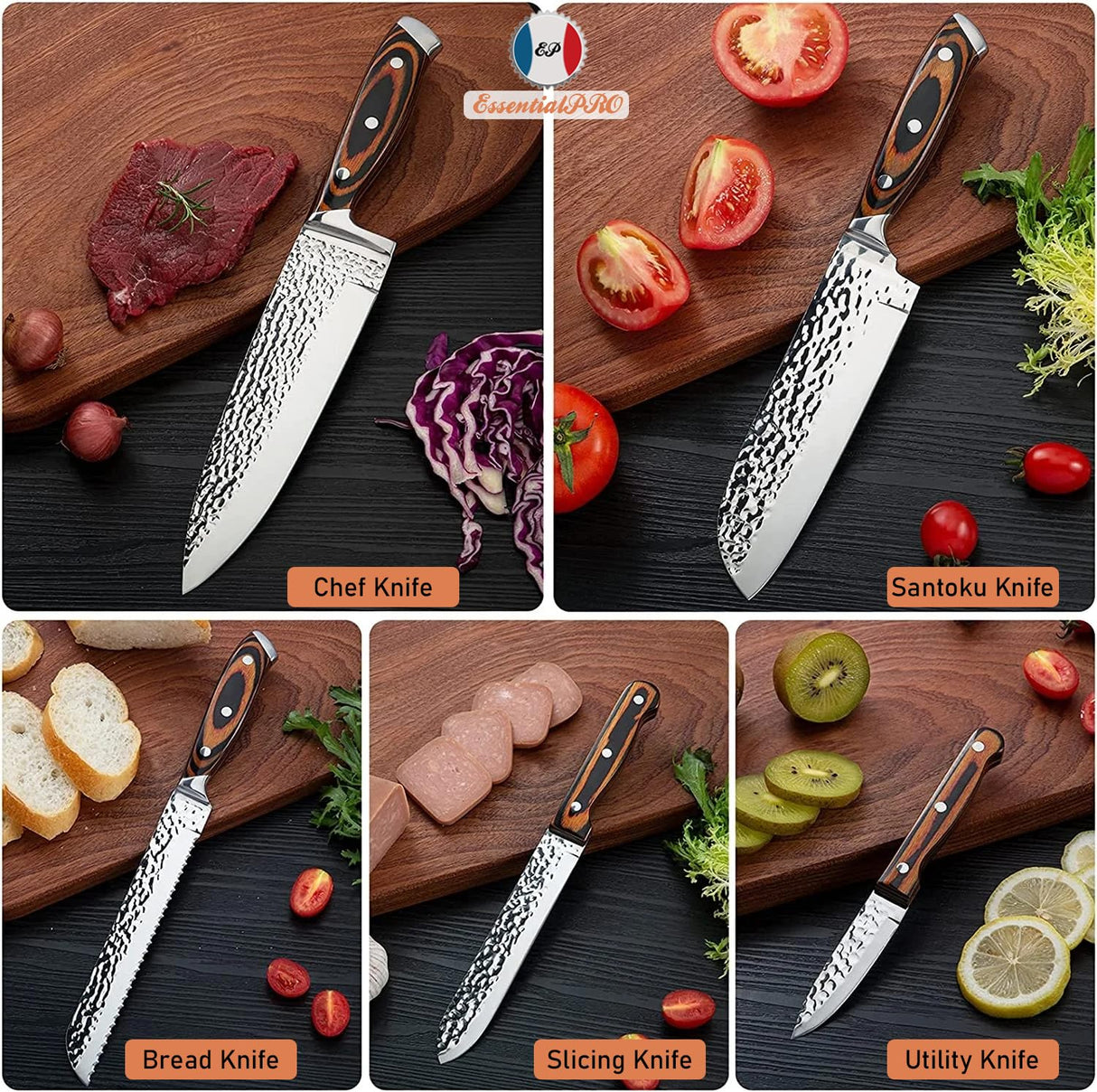 Kitchen Knife Set 15-Piece with Wooden Block. Ultra Sharp High Carbon German Stainless Steel Hammer Pattern Chef & Steak Knives. Full Tang Design with Forged Triple Rivet. Boxed Knife Set