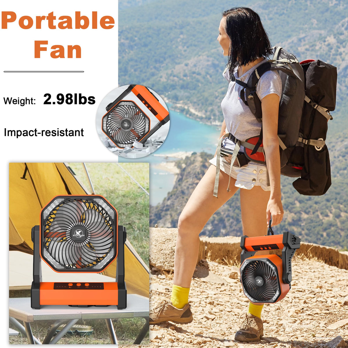 20,000 mAh Rechargeable Camping Fan with LED Light & Hook