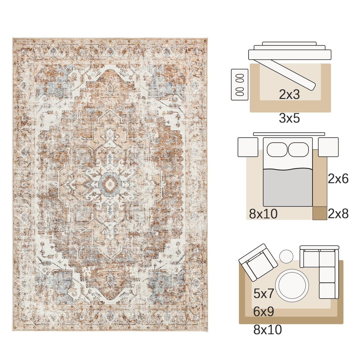 152 × 213 cm Brick-Red Persian-Style Foldable Rug