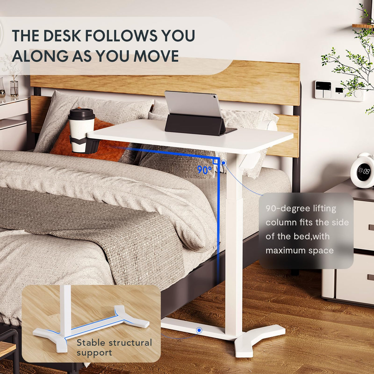 Medical Adjustable Overbed Bedside Table with Wheels Pneumatic Mobile Standing Desk Laptop Desk Rolling Computer Cart Movable Overbed Table Hospital Home Use(80×45 CM White Large)…