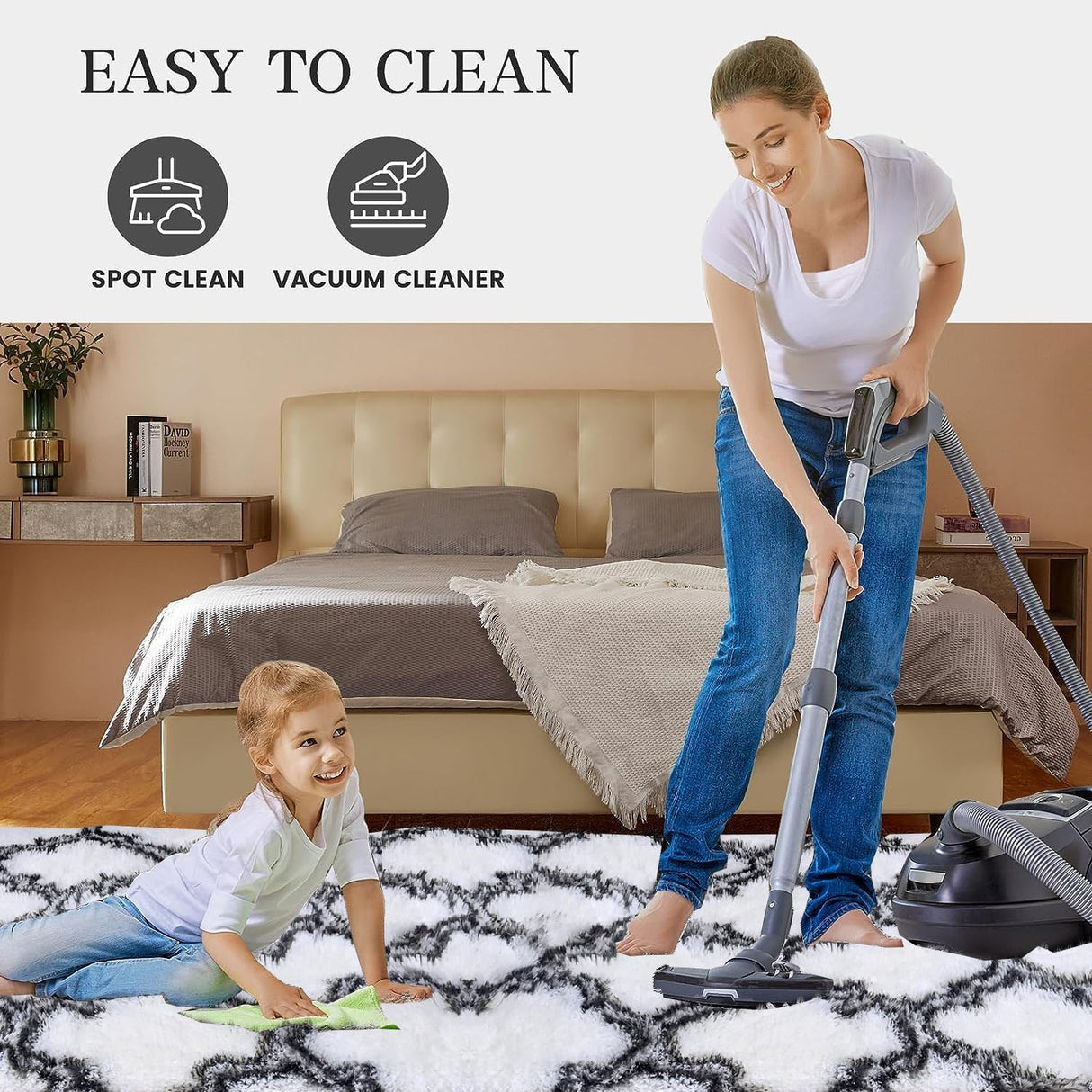 LLarge Area Rugs for Living Room, Ultra Soft Indoor Modern Fluffy Bedroom Carpets, Washable Furry Throw Rugs Area Carpets for Children Bedroom Home Decor Nursery Rug (White/Black, 200 x 300 CM)