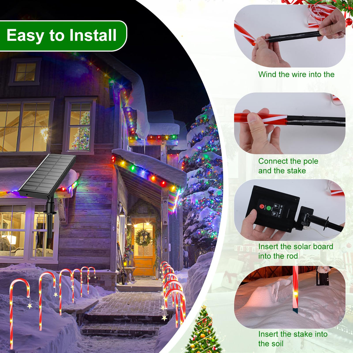 12 Pack Christmas Candy Cane Pathway Lights, Christmas Solar Stake Lights with 72 LED Lights, 8 Light Modes Christmas Decorations for Outdoor Patio Garden Yard Xmas Holiday