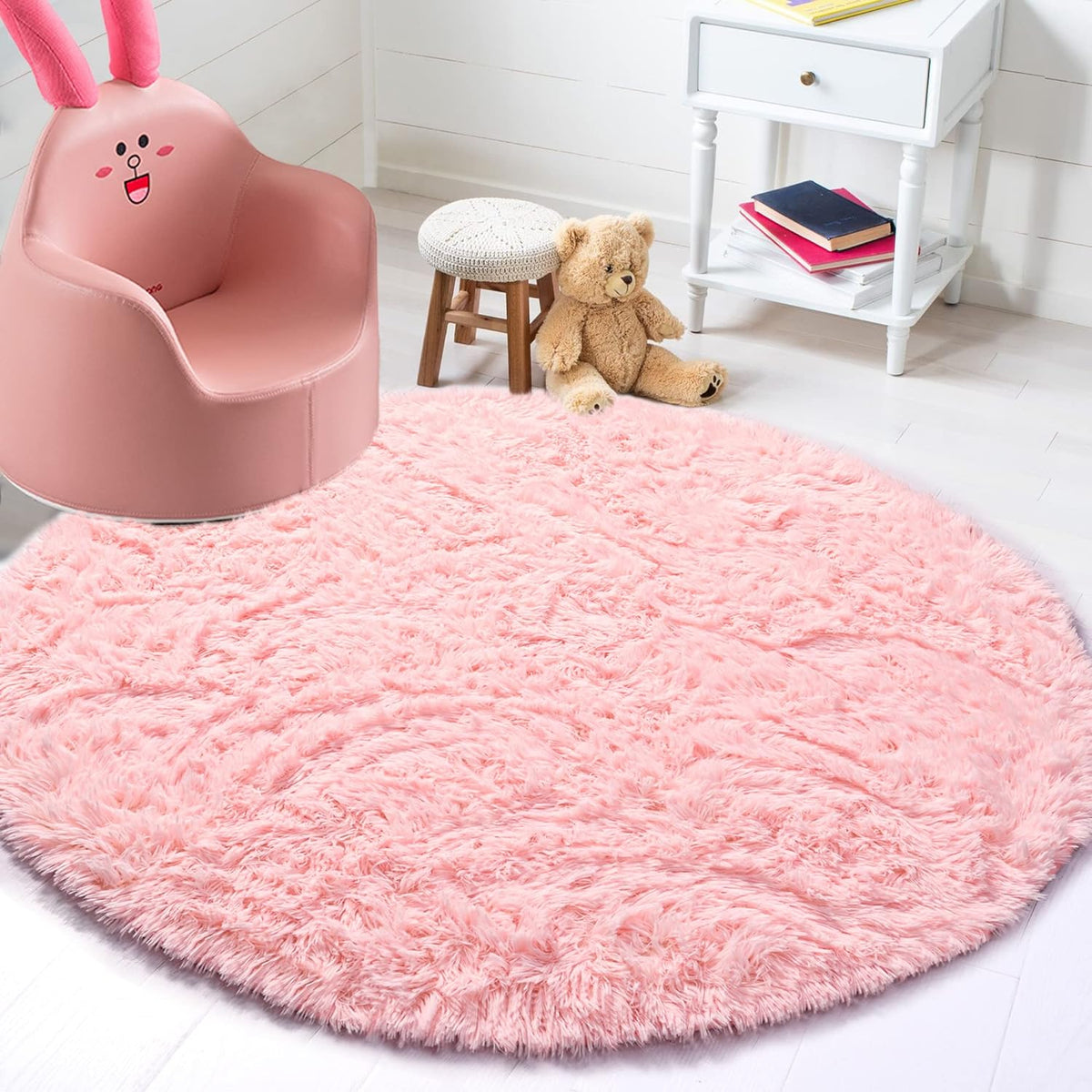 120 cm Round White Fluffy Shag Rug