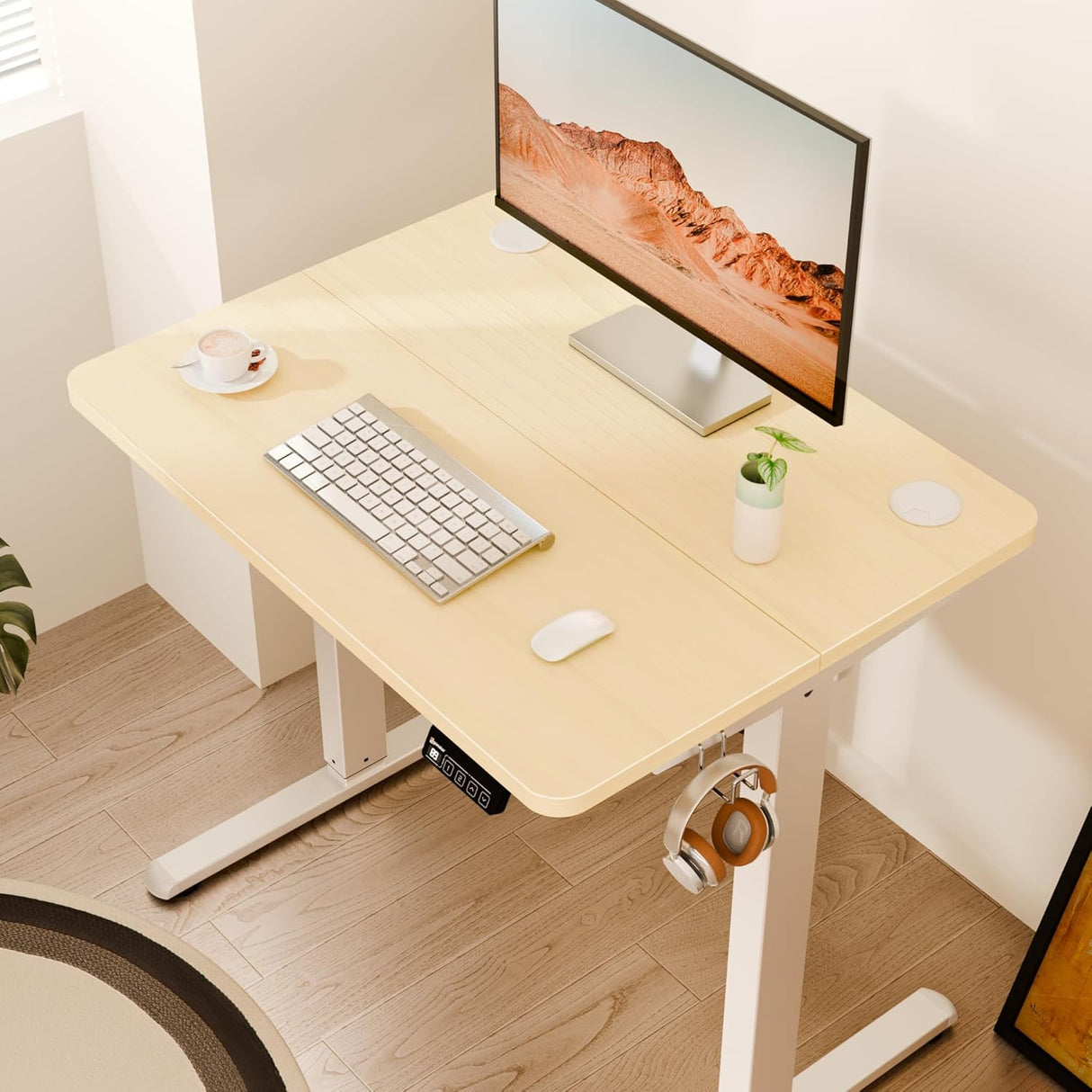 ERGOMAKER Electric Standing Desk 80x60cm (31"x23.6"), Height Adjustable Sit Stand Desk with Splice Board for Home Office, Computer Desk Memory Preset (White Frame + Golden Oak Desktop)
