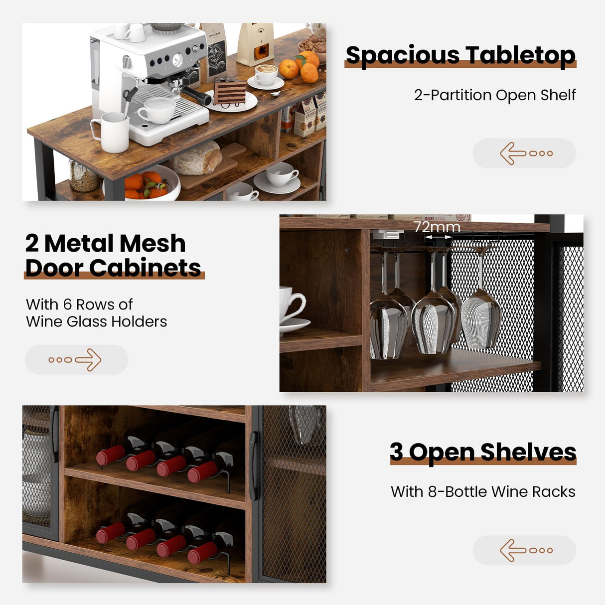 Wine Bar Cabinet, 55-Inch Buffet Sideboard with Wine Racks & Wine Glass Holders, Coffee Station Cabinet with Metal Mesh Doors, for Kitchen, Dining Room (Rustic Brown + Black)