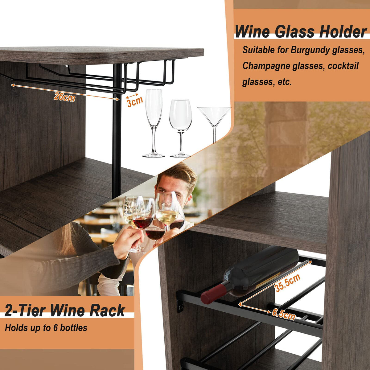 3-Piece Bar Table Set with Wine & Glass Storage