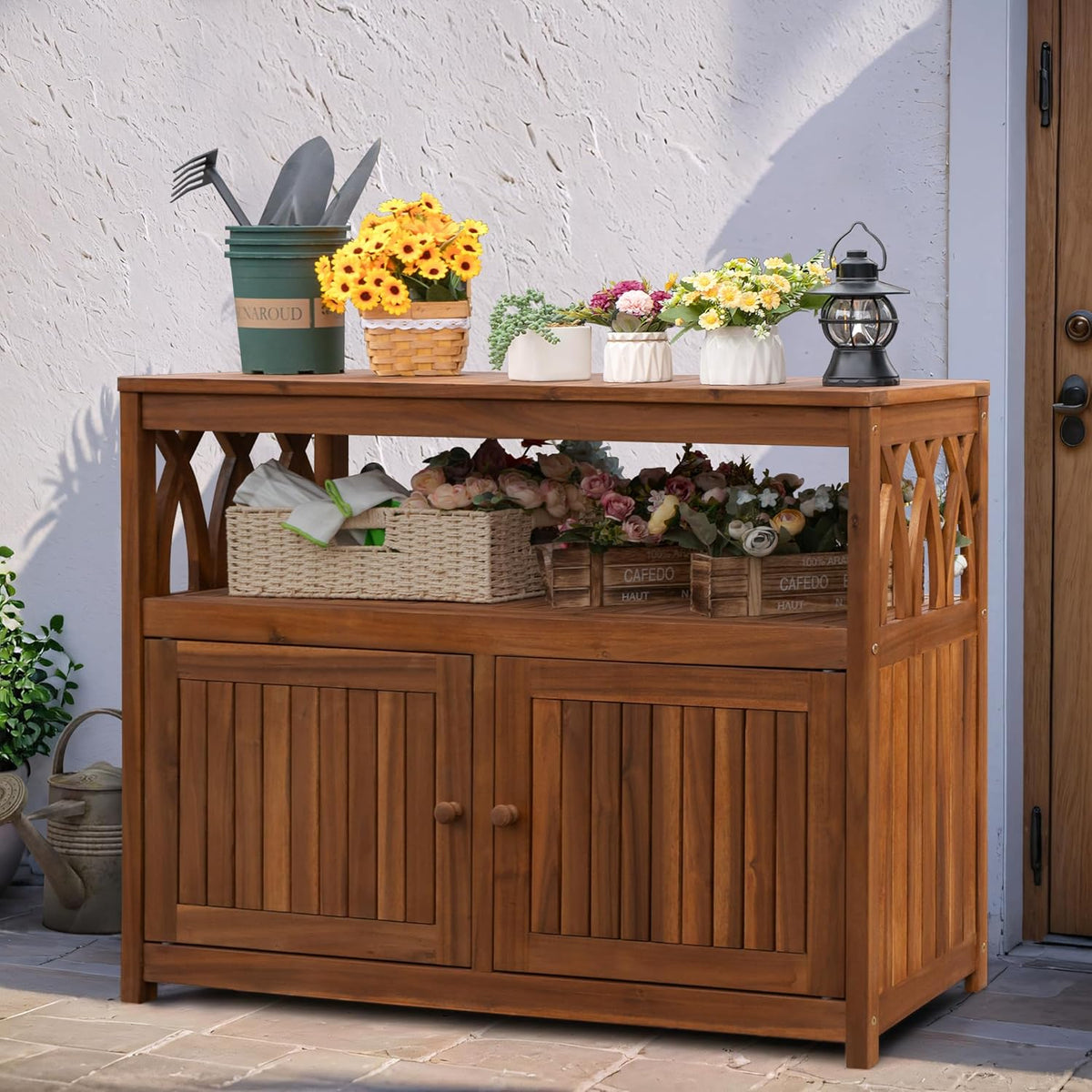 2-Tier Acacia Outdoor Storage Cabinet with Magnetic Doors