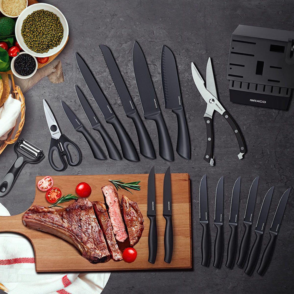 Knife Set Black, Knives Set for Kitchen Full Tang Steel Steak Knife Set(8)+Chef's Knives(6),Kitchen Shears(19-in-1)…