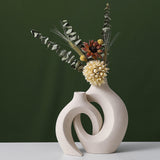 Ceramic Vase Set - 2 Flower Donut Modern Vases for Home Décor, Creative White Vases Minimalism Style Decor Vase Table Vase for Living Room Entryway Bookshelf Mantel Centerpieces Shelf