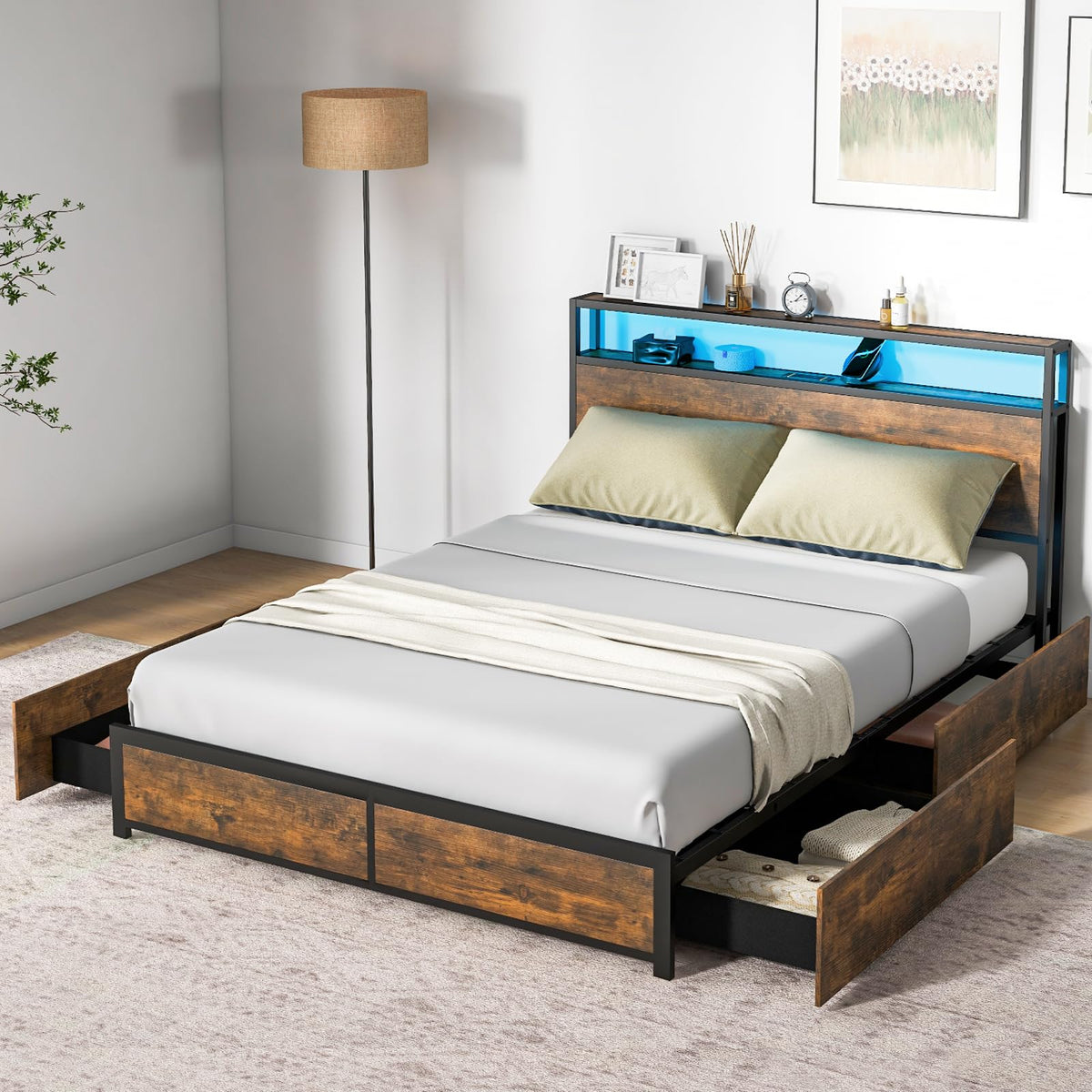 Queen Metal Platform Bed with RGB Headboard, Charging & 4 Drawers