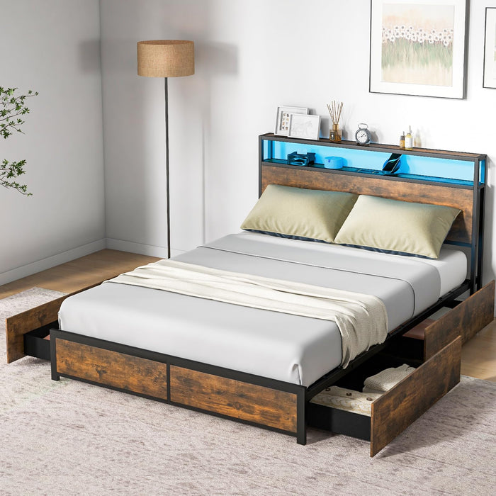Queen Metal Platform Bed with RGB Headboard, Charging & 4 Drawers